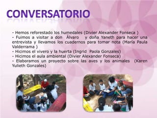 - Hemos reforestado los humedales (Divier Alexander Fonseca )
- Fuimos a visitar a don Álvaro       y doña Yaneth para hacer una
entrevista y llevamos los cuadernos para tomar nota (María Paula
Valderrama )
- Hicimos el vivero y la huerta (Ingrid Paola Gonzales)
- Hicimos el aula ambiental (Divier Alexander Fonseca)
- Elaboramos un proyecto sobre las aves y los animales (Karen
Yulieth Gonzales)
 