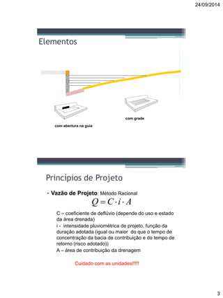 24/09/2014
3
Elementos
com grade
com abertura na guia
Princípios de Projeto
• Vazão de Projeto: Método Racional
C – coeficiente de deflúvio (depende do uso e estado
da área drenada)
i - intensidade pluviométrica de projeto, função da
duração adotada (igual ou maior do que o tempo de
concentração da bacia de contribuição e do tempo de
retorno (risco adotado))
A – área de contribuição da drenagem
Cuidado com as unidades!!!!!
AiCQ 
 