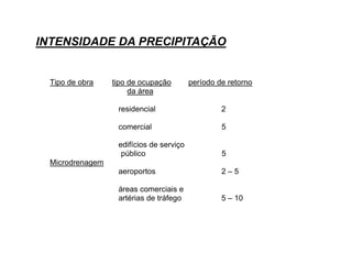 INTENSIDADE DA PRECIPITAÇÃO
Tipo de obra tipo de ocupação período de retorno
da área
residencial 2
comercial 5
edifícios de serviço
público 5
Microdrenagem
aeroportos 2 – 5
áreas comerciais e
artérias de tráfego 5 – 10
 