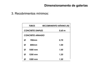TUBOS RECOBRIMENTO MÍNIMO (H)
CONCRETO SIMPLES 0,60 m
CONCRETO ARMADO
Ø 700mm 0,70
Ø 800mm 1,00
Ø 1000 mm 1,00
Ø 1200 mm 1,20
Ø 1500 mm 1,50
Dimensionamento de galerias
3. Recobrimentos mínimos:
 