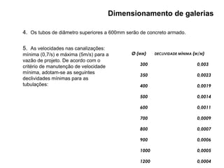 4. Os tubos de diâmetro superiores a 600mm serão de concreto armado.
5. As velocidades nas canalizações:
mínima (0,7/s) e máxima (5m/s) para a
vazão de projeto. De acordo com o
critério de manutenção de velocidade
mínima, adotam-se as seguintes
declividades mínimas para as
tubulações:
Ø (MM) DECLIVIDADE MÍNIMA (M/M)
300 0,003
350 0,0023
400 0,0019
500 0,0014
600 0,0011
700 0,0009
800 0,0007
900 0,0006
1000 0,0005
1200 0,0004
Dimensionamento de galerias
 