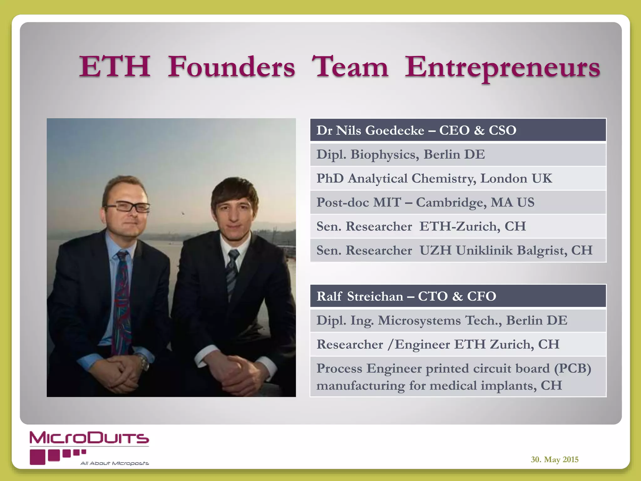 ETH Founders Team Entrepreneurs
30. May 2015
Dr Nils Goedecke – CEO & CSO
Dipl. Biophysics, Berlin DE
PhD Analytical Chemistry, London UK
Post-doc MIT – Cambridge, MA US
Sen. Researcher ETH-Zurich, CH
Sen. Researcher UZH Uniklinik Balgrist, CH
Ralf Streichan – CTO & CFO
Dipl. Ing. Microsystems Tech., Berlin DE
Researcher /Engineer ETH Zurich, CH
Process Engineer printed circuit board (PCB)
manufacturing for medical implants, CH
 