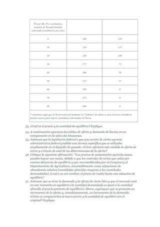 Precio (Bs. Por centímetros
      anuales de lluvia)Cantidad
    solicitada (centímetros por año)


                   0                                  200                                150


                   10                                 226                                125


                   20                                 250                                100


                   30                                 275                                75


                   40                                 300                                50


                   50                                 325                                25


                   60                                 350                                 0


                   70                                 375                                 0


                   80                                 400                                 0


   * Asumimos aquí que la lluvia artificial mediante la "siembra" de nubes u otras técnicas científicas
   pueden usarse para lograr cantidades adicionales de lluvia.


53. ¿Cuál es el precio y la cantidad de equilibrio? Explique.
54. A continuación aparecen las tablas de oferta y demanda de lluvias en un
    campamento en la selva del Amazonas.
55. Asúmase que la legislación federal o que una acción de cierta agencia
    administrativa federal prohibe una técnica específica que se utilizaba
    ampliamente en el degüello de ganado. ¿Cómo afectará esta medida la oferta de
    carne y a través de cuál de los determinantes de la oferta?
56. Critique la siguiente afirmación: "Los precios de sustentación agrícola nunca
    pueden lograr sus metas, debido a que los controles de recios que están por
    encima del precio de equilibrio y que son establecidos por el Congreso y el
    Departamento de Agricultura, invariablemente crean situaciones de
    abundancia relativa (cantidades ofrecidas mayores a las cantidades
    demandadas), lo cal a su vez conduce el precio de vuelta hacia una situación de
    equilibrio".
57. Asúmase que se tiene la demanda y la oferta de cierto bien y que el mercado está
    en este momento en equilibrio (la cantidad demandada es igual a la cantidad
    ofrecida al precio presente de equilibrio). Ahora, supóngase que se presenta un
    incremento de la oferta y, simultáneamente, un incremento de la demanda.
    ¿Cómo se compararían el nuevo precio y la cantidad de equilibro con el
    original? Explique.
 