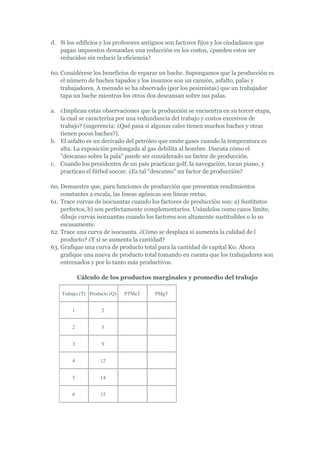 d. Si los edificios y los profesores antiguos son factores fijos y los ciudadanos que
   pagan impuestos demandan una reducción en los costos, ¿pueden estos ser
   reducidos sin reducir la eficiencia?

60. Considérese los beneficios de reparar un bache. Supongamos que la producción es
    el número de baches tapados y los insumos son un camión, asfalto, palas y
    trabajadores. A menudo se ha observado (por los pesimistas) que un trabajador
    tapa un bache mientras los otros dos descansan sobre sus palas.

a. ¿Implican estas observaciones que la producción se encuentra en su tercer etapa,
   la cual se caracteriza por una redundancia del trabajo y costos excesivos de
   trabajo? (sugerencia: ¿Qué pasa si algunas cales tienen muchos baches y otras
   tienen pocos baches?).
b. El asfalto es un derivado del petróleo que emite gases cuando la temperatura es
   alta. La exposición prolongada al gas debilita al hombre. Discuta cómo el
   "descanso sobre la pala" puede ser considerado un factor de producción.
c. Cuando los presidentes de un país practican golf, la navegación, tocan piano, y
   practican el fútbol soccer. ¿Es tal "descanso" un factor de producción?

60. Demuestre que, para funciones de producción que presentan rendimientos
    constantes a escala, las líneas agónicas son líneas rectas.
61. Trace curvas de isocuantas cuando los factores de producción son: a) Sustitutos
    perfectos, b) son perfectamente complementarios. Usándolos como casos límite,
    dibuje curvas isocuantas cuando los factores son altamente sustituibles o lo so
    escasamente.
62. Trace una curva de isocuanta. ¿Cómo se desplaza si aumenta la calidad de l
    producto? ¿Y si se aumenta la cantidad?
63. Grafique una curva de producto total para la cantidad de capital K0. Ahora
    grafique una nueva de producto total tomando en cuenta que los trabajadores son
    entrenados y por lo tanto más productivos.

            Cálculo de los productos marginales y promedio del trabajo

    Trabajo (T) Producto (Q)   PTMeT     PMgT


        1            2


        2            5


        3            9


        4           12


        5           14


        6           15
 