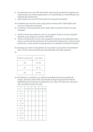 b. Si suponemos una curva CPL horizontal, ¿qué nivel de producción escogería una
   empresa para una escala de planta que es: (1) subutilizada; (2) sobreutilizada; (3)
   utilizada adecuadamente?
c. ¿Qué implica una curva CPL horizontal en el mapa de isocuantas?

60. Considere una curva de costos a largo plazo en forma de U. ¿Qué implica esta
    curva en el mapa de isocuantas?
61. a) ¿Cuál es el costo promedios de los viajes sobre un puente? ¿Cuál es el costo
    marginal?

a. ¿Cuál es el costo promedio de correr en un parque? ¿Cuál es el costo marginal?
   ¿Importa a que parque nos estemos refiriendo?
b. ¿Cómo es la forma de la curva costo marginal en función de la producción total y
   cómo es en función del crecimiento de la producción? (Sugerencia: ¿tiene la teoría
   producción y costos sentido si la producción no es medida en términos de flujos?

60. Suponga que usted es el propietario de una empresa que produce mermelada de
    fresa, con los costos promedios por caja indicados en la tabla siguiente:
61.


   Unidades de producción   Costo medio


              200             Bs. 200


              201             Bs. 201


              202             Bs. 202


62. Inicialmente se producen 200 cajas de mermelada de fresa por período de
    tiempo. Entonces usted recibe una llamada de larga distancia del Presidente
    pidiéndole que incremente su producción a 201 cajas. El le ofrece Bs. 350 por la
    caja, ¿produciría usted esta caja?

    Q     T    CVT CTF CT CVP CTP CMg


     1   11


     2   19


     3   24


     4   32


     5   46


     6   64
 