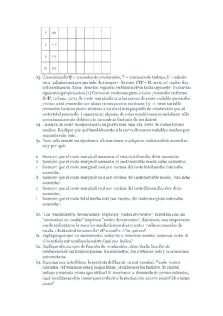 7   88


     8   119


     9   158


    10   206

63. Considerando Q = unidades de producción, T = unidades de trabajo, S = salario
    para trabajadores por período de tiempo = Bs 1,00, CTF = B.10,00, el capital fijo,
    utilizando estos datos, llene los espacios en blanco de la tabla siguiente. Evalué las
    siguientes propiedades; (1) Curvas de costo marginal y costo promedio en forma
    de U; (2) una curva de costo marginal corta las curvas de costo variable promedio
    y costo total promedio por abajo en sus puntos mínimos; (3) el coste variable
    promedio tiene su punto mínimo a un nivel más pequeño de producción que el
    costo total promedio ( sugerencia: algunas de estas condiciones se satisfacen sólo
    aproximadamente debido a la naturaleza limitada de los datos).
64. La curva de coste marginal corta su punto más bajo a la curva de costes totales
    medios. Explique por qué también corta a la curva de costes variables medios por
    su punto más bajo.
65. Para cada una de las siguientes afirmaciones, explique si está usted de acuerdo o
    no y por qué:

a. Siempre que el coste marginal aumenta, el coste total medio debe aumentar.
b. Siempre que el coste marginal aumenta, el coste variable medio debe aumentar.
c. Siempre que el coste marginal está por encima del coste total medio éste debe
   aumentar.
d. Siempre que el coste marginal está por encima del coste variable medio, éste debe
   aumentar.
e. Siempre que el coste marginal está por encima del coste fijo medio, éste debe
   aumentar.
f. Siempre que el coste total medio está por encima del coste marginal éste debe
   aumentar.

60. "Los rendimientos decrecientes" implican "costos crecientes", mientras que las
    "economías de escalas" implican "costes decrecientes". Entonces, una empresa no
    puede enfrentarse la vez a los rendimientos decrecientes y a las economías de
    escala. ¿Está usted de acuerdo? ¿Por qué? o ¿Por qué no?
61. Explique por qué los economistas incluyen el beneficio normal como un coste. Si
    el beneficio extraordinario existe ¿qué nos indica?
62. Explique el concepto de función de producción . describa la función de
    producción de las hamburguesas, los conciertos, los cortes de pelo y la educación
    universitaria.
63. Suponga que usted tiene la contrata del bar de su universidad. Vende perros
    calientes, refrescos de cola y papas fritas. ¿Cuáles son los factores de capital,
    trabajo y materia prima que utiliza? Si desciende la demanda de perros calientes,
    ¿qué medidas podría tomar para reducir a la producción a corto plazo? ¿Y a largo
    plazo?
 