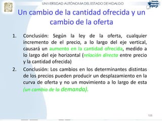 Un cambio de la cantidad ofrecida y un
             cambio de la oferta
1.    Conclusión: Según la ley de la oferta, cualquier
      incremento de el precio, a lo largo del eje vertical,
      causará un aumento en la cantidad ofrecida, medido a
      lo largo del eje horizontal (relación directa entre precio
      y la cantidad ofrecida)
2.    Conclusión: Los cambios en los determinantes distintas
      de los precios pueden producir un desplazamiento en la
      curva de oferta y no un movimiento a lo largo de esta
      (un cambio de la demanda).



                                                                   108
 