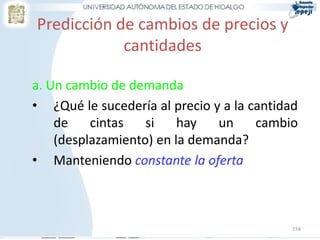 Predicción de cambios de precios y
            cantidades

a. Un cambio de demanda
• ¿Qué le sucedería al precio y a la cantidad
    de    cintas   si    hay   un     cambio
    (desplazamiento) en la demanda?
• Manteniendo constante la oferta



                                            114
 