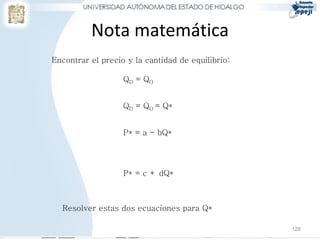 Nota matemática
Encontrar el precio y la cantidad de equilibrio:

                   QD = Q O


                   QD = QO = Q*


                   P* = a - bQ*




                   P* = c + dQ*



  Resolver estas dos ecuaciones para Q*

                                                   128
 