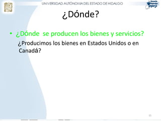 ¿Dónde?
• ¿Dónde se producen los bienes y servicios?
  ¿Producimos los bienes en Estados Unidos o en
  Canadá?




                                                  15
 