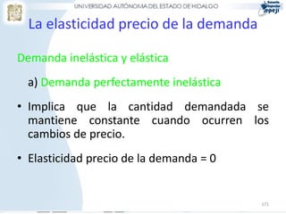 La elasticidad precio de la demanda

Demanda inelástica y elástica
  a) Demanda perfectamente inelástica
• Implica que la cantidad demandada se
  mantiene constante cuando ocurren los
  cambios de precio.
• Elasticidad precio de la demanda = 0


                                         171
 