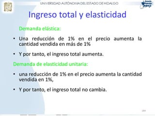 Ingreso total y elasticidad
  Demanda elástica:
• Una reducción de 1% en el precio aumenta la
  cantidad vendida en más de 1%
• Y por tanto, el ingreso total aumenta.
Demanda de elasticidad unitaria:
• una reducción de 1% en el precio aumenta la cantidad
  vendida en 1%,
• Y por tanto, el ingreso total no cambia.


                                                     184
 