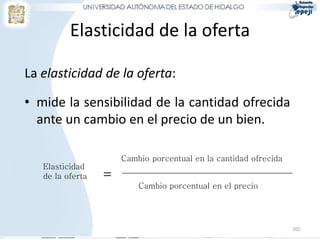 Elasticidad de la oferta

La elasticidad de la oferta:

• mide la sensibilidad de la cantidad ofrecida
  ante un cambio en el precio de un bien.

                      Cambio porcentual en la cantidad ofrecida
   Elasticidad
   de la oferta   =
                          Cambio porcentual en el precio




                                                                  201
 