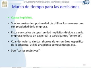 Marco de tiempo para las decisiones

• Costos Implícitos.
• Son los costos de oportunidad de utilizar los recursos que
  son propiedad de la empresa.
• Estos son costos de oportunidad implícitos debido a que la
  empresa no hace un pago real a participantes “externos”.
• Cuando invierto ciertos ahorros de en un área específica
  de la empresa, utilizó una planta como almacen, etc..
• Son “costos subjetivos”



                                                           219
 