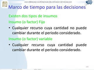 Marco de tiempo para las decisiones
Existen dos tipos de insumos
Insumo (o factor) Fijo
• Cualquier recurso cuya cantidad no puede
  cambiar durante el periodo considerado.
Insumo (o factor) variable
• Cualquier recurso cuya cantidad puede
  cambiar durante el periodo considerado.


                                         229
 