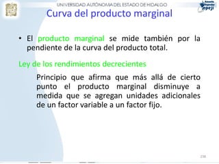 Curva del producto marginal

• El producto marginal se mide también por la
  pendiente de la curva del producto total.
Ley de los rendimientos decrecientes
     Principio que afirma que más allá de cierto
     punto el producto marginal disminuye a
     medida que se agregan unidades adicionales
     de un factor variable a un factor fijo.




                                               238
 