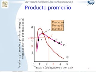 Producto promedio
Producto promedio y producto marginal
       (camisas por día por trabajador)                         Producto
                                                                Promedio
                                             6                  máximo
                                                        c
                                                            d
                                           4.33
                                              4     b             e
                                                                      f
                                                                          PP
                                             3

                                             2
                                                                           PM

                                              0   1     2    3    4    5
                                               Trabajo (trabajadores por día)   241
 