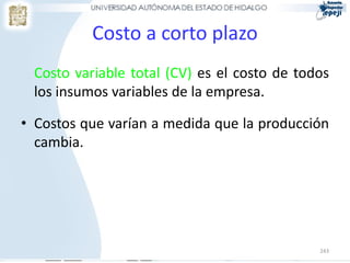 Costo a corto plazo
 Costo variable total (CV) es el costo de todos
 los insumos variables de la empresa.

• Costos que varían a medida que la producción
  cambia.




                                             243
 