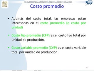 Costo promedio

• Además del costo total, las empresas estan
  interesadas en el costo promedio (o costo por
  unidad)

• Costo fijo promedio (CFP) es el costo fijo total por
  unidad de producción.

• Costo variable promedio (CVP) es el costo variable
  total por unidad de producción.



                                                     251
 