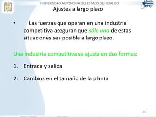 Ajustes a largo plazo

•      Las fuerzas que operan en una industria
    competitiva aseguran que sólo una de estas
    situaciones sea posible a largo plazo.

Una industria competitiva se ajusta en dos formas:

1. Entrada y salida

2. Cambios en el tamaño de la planta




                                                     291
 