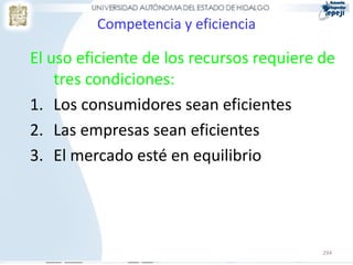 Competencia y eficiencia

El uso eficiente de los recursos requiere de
    tres condiciones:
1. Los consumidores sean eficientes
2. Las empresas sean eficientes
3. El mercado esté en equilibrio




                                          294
 