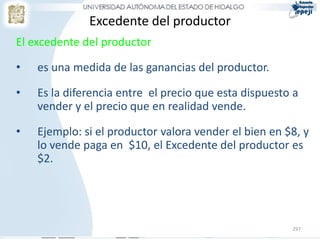 Excedente del productor
El excedente del productor

•   es una medida de las ganancias del productor.

•   Es la diferencia entre el precio que esta dispuesto a
    vender y el precio que en realidad vende.

•   Ejemplo: si el productor valora vender el bien en $8, y
    lo vende paga en $10, el Excedente del productor es
    $2.




                                                       297
 