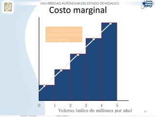 Costo marginal
                                                                        CM
Tanques(Tanques por veleros)   5
                                       …significa un costo
                                       marginal creciente de
                               4       los veleros.


                               3


                               2



                               1




                                   0      1        2      3       4      5
                                              Veleros (miles de millones por año)   47
 
