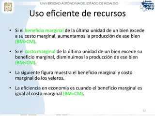 Uso eficiente de recursos
• Si el beneficio marginal de la última unidad de un bien excede
  a su costo marginal, aumentamos la producción de ese bien
  (BM>CM).
• Si el costo marginal de la última unidad de un bien excede su
  beneficio marginal, disminuimos la producción de ese bien
  (BM<CM).
• La siguiente figura muestra el beneficio marginal y costo
  marginal de los veleros.
• La eficiencia en economía es cuando el beneficio marginal es
  igual al costo marginal (BM=CM).


                                                                  57
 