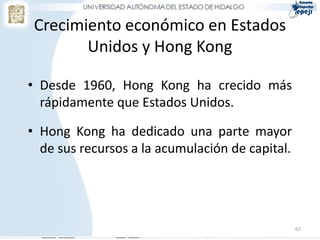 Crecimiento económico en Estados
        Unidos y Hong Kong

• Desde 1960, Hong Kong ha crecido más
  rápidamente que Estados Unidos.

• Hong Kong ha dedicado una parte mayor
  de sus recursos a la acumulación de capital.




                                                 63
 