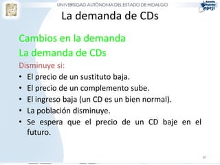 La demanda de CDs
Cambios en la demanda
La demanda de CDs
Disminuye si:
• El precio de un sustituto baja.
• El precio de un complemento sube.
• El ingreso baja (un CD es un bien normal).
• La población disminuye.
• Se espera que el precio de un CD baje en el
  futuro.

                                                91
 