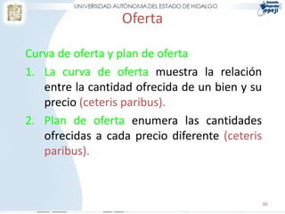 Oferta

Curva de oferta y plan de oferta
1. La curva de oferta muestra la relación
   entre la cantidad ofrecida de un bien y su
   precio (ceteris paribus).
2. Plan de oferta enumera las cantidades
   ofrecidas a cada precio diferente (ceteris
   paribus).



                                                96
 