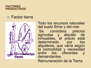 FACTORES
PRODUCTIVOS
 Factor tierra
Todo los recursos naturales
del suelo firme y del mar.
Se considera precios
agrícolas y alquiler de
inmuebles, el precio está
determinado por los
alquileres, que varía según
la comodidad y necesidad
entre los oferentes y
demandantes.
Remuneración de la Tierra
 