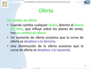 Oferta
Un cambio de oferta
• Cuando cambia cualquier factor, distinto al precio
del bien, que influye sobre los planes de venta,
hay un cambio de oferta
• Un aumento de oferta ocasiona que la curva de
oferta se desplace a la derecha.
• Una disminución de la oferta ocasiona que la
curva de oferta se desplace a la izquierda.
102
 