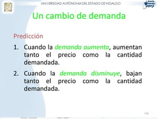 Un cambio de demanda
Predicción
1. Cuando la demanda aumenta, aumentan
tanto el precio como la cantidad
demandada.
2. Cuando la demanda disminuye, bajan
tanto el precio como la cantidad
demandada.
116
 