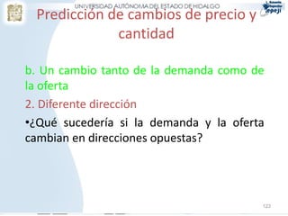 Predicción de cambios de precio y
cantidad
b. Un cambio tanto de la demanda como de
la oferta
2. Diferente dirección
•¿Qué sucedería si la demanda y la oferta
cambian en direcciones opuestas?
123
 