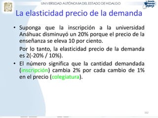 162
La elasticidad precio de la demanda
• Suponga que la inscripción a la universidad
Anáhuac disminuyó un 20% porque el precio de la
enseñanza se eleva 10 por ciento.
Por lo tanto, la elasticidad precio de la demanda
es 2(-20% / 10%).
• El número significa que la cantidad demandada
(inscripción) cambia 2% por cada cambio de 1%
en el precio (colegiatura).
 