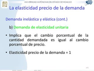 173
Demanda inelástica y elástica (cont.)
b) Demanda de elasticidad unitaria
• Implica que el cambio porcentual de la
cantidad demandada es igual al cambio
porcentual de precio.
• Elasticidad precio de la demanda = 1
La elasticidad precio de la demanda
 