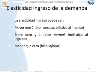 196
Elasticidad ingreso de la demanda
La elasticidad ingreso puede ser:
1. Mayor que 1 (bien normal, elástico al ingreso)
2. Entre cero y 1 (bien normal, inelástico al
ingreso)
3. Menor que cero (bien inferior)
 