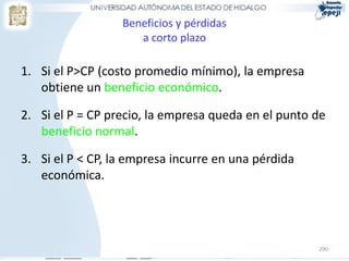 290
Beneficios y pérdidas
a corto plazo
1. Si el P>CP (costo promedio mínimo), la empresa
obtiene un beneficio económico.
2. Si el P = CP precio, la empresa queda en el punto de
beneficio normal.
3. Si el P < CP, la empresa incurre en una pérdida
económica.
 