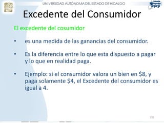 295
Excedente del Consumidor
El excedente del cosumidor
• es una medida de las ganancias del consumidor.
• Es la diferencia entre lo que esta dispuesto a pagar
y lo que en realidad paga.
• Ejemplo: si el consumidor valora un bien en $8, y
paga solamente $4, el Excedente del consumidor es
igual a 4.
 