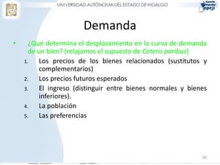 Demanda
• ¿Qué determina el desplazamiento en la curva de demanda
de un bien? (relajamos el supuesto de Ceteris paribus)
1. Los precios de los bienes relacionados (sustitutos y
complementarios)
2. Los precios futuros esperados
3. El ingreso (distinguir entre bienes normales y bienes
inferiores).
4. La población
5. Las preferencias
85
 
