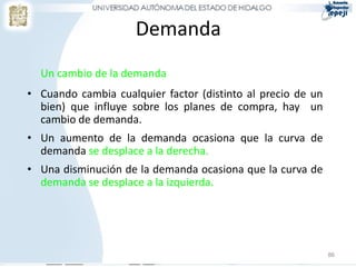 Demanda
Un cambio de la demanda
• Cuando cambia cualquier factor (distinto al precio de un
bien) que influye sobre los planes de compra, hay un
cambio de demanda.
• Un aumento de la demanda ocasiona que la curva de
demanda se desplace a la derecha.
• Una disminución de la demanda ocasiona que la curva de
demanda se desplace a la izquierda.
86
 