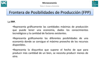 Tema 1. Escasez y Economía 
Microeconomía 
La FPP. 
• Representa  gráﬁcamente  las  can>dades  máximas  de  producción 
que  puede  tener  una  economía,  dados  los  conocimientos 
tecnológicos y la can>dad de factores existentes. 
• Representa  gráﬁcamente  las  diferentes  posibilidades  de  una 
economía donde se consigue el máximo provecho de los recursos 
disponibles. 
• Representa  la  disyun>va  que  supone  el  hecho  de  que  para 
producir más can>dad de un bien, se necesita producir menos de 
otro.   
Frontera de Posibilidades de Producción (FPP) 
 
