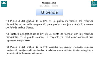 Tema 1. Escasez y Economía 
Microeconomía 
• El  Punto  A  del  gráﬁco  de  la  FPP  es  un  punto  ineﬁciente,  los  recursos 
disponibles no se están empleando para producir conjuntamente lo máximo 
posible de ambos bienes. 
• El  Punto  B  del  gráﬁco  de  la  FPP  es  un  punto  no  fac>ble,  con  los  recursos 
disponibles  no  se  puede  alcanzar  un  conjunto  de  producción  como  el  que 
representa el punto B. 
• El  Punto  C  del  gráﬁco  de  la  FPP  muestra  un  punto  eﬁciente,  máxima 
producción conjunta de los dos bienes dados los conocimientos tecnológicos y 
la can>dad de factores existentes.  
Eﬁciencia 
 