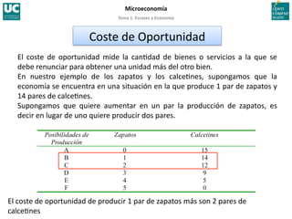 Tema 1. Escasez y Economía 
Microeconomía 
El  coste  de  oportunidad  mide  la  can>dad  de  bienes  o  servicios  a  la  que  se 
debe renunciar para obtener una unidad más del otro bien. 
En  nuestro  ejemplo  de  los  zapatos  y  los  calce>nes,  supongamos  que  la 
economía se encuentra en una situación en la que produce 1 par de zapatos y 
14 pares de calce>nes. 
Supongamos  que  quiere  aumentar  en  un  par  la  producción  de  zapatos,  es 
decir en lugar de uno quiere producir dos pares. 
El coste de oportunidad de producir 1 par de zapatos más son 2 pares de 
calce>nes 
Coste de Oportunidad 
 