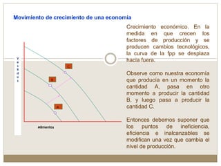 Movimiento de crecimiento de una economía
Crecimiento económico. En la
medida en que crecen los
factores de producción y se
producen cambios tecnológicos,
la curva de la fpp se desplaza
hacia fuera.
Observe como nuestra economía
que producía en un momento la
cantidad A, pasa en otro
momento a producir la cantidad
B, y luego pasa a producir la
cantidad C.
Entonces debemos suponer que
los puntos de ineficiencia,
eficiencia e inalcanzables se
modifican una vez que cambia el
nivel de producción.
C
Alimentos
V
e
s
ti
d
o
s
A
B
 