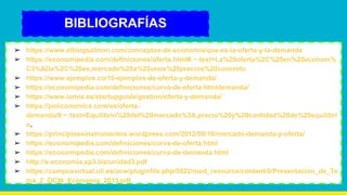 BIBLIOGRAFÍAS
➢ https://www.elblogsalmon.com/conceptos-de-economia/que-es-la-oferta-y-la-demanda
➢ https://economipedia.com/definiciones/oferta.html#:~:text=La%20oferta%2C%20en%20econom%
C3%ADa%2C%20es,mercado%20a%20unos%20precios%20concreto
➢ https://www.ejemplos.co/10-ejemplos-de-oferta-y-demanda/
➢ https://economipedia.com/definiciones/curva-de-oferta.htmldemanda/
➢ https://www.ionos.es/startupguide/gestion/oferta-y-demanda/
➢ https://policonomics.com/es/oferta-
demanda/#:~:text=Equilibrio%20del%20mercado%3A,precio%20y%20cantidad%20de%20equilibri
o.
➢ https://principioseinstrumentos.wordpress.com/2012/09/16/mercado-demanda-y-oferta/
➢ https://economipedia.com/definiciones/curva-de-oferta.html
➢ https://economipedia.com/definiciones/curva-de-demanda.html
➢ http://e-economia.xp3.biz/unidad3.pdf
➢ https://campusvirtual.ull.es/ocw/pluginfile.php/5822/mod_resource/content/0/Presentacion_de_Te
ma_2_OCW_Economia_2013.pdf
 