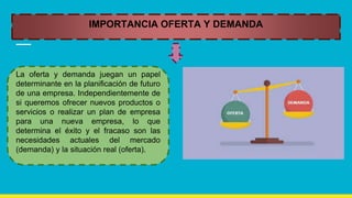 IMPORTANCIA OFERTA Y DEMANDA
La oferta y demanda juegan un papel
determinante en la planificación de futuro
de una empresa. Independientemente de
si queremos ofrecer nuevos productos o
servicios o realizar un plan de empresa
para una nueva empresa, lo que
determina el éxito y el fracaso son las
necesidades actuales del mercado
(demanda) y la situación real (oferta).
 