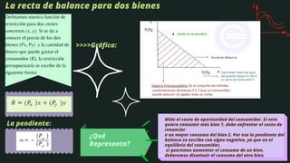 La recta de balance para dos bienes
Definamos nuestra función de
restricción para dos vienes
concretos (x, y). Si se da a
conocer el precio de los dos
bienes (Px, Py) y la cantidad de
dinero que puede gastar el
consumidor (R), la restricción
presupuestaría se escribe de la
siguiente forma
La pendiente:
>>>>Gráfica:
¿Qué
Representa?
Mide el costo de oportunidad del consumidor. Si este
quiere consumir más bien 1, debe enfrentar el costo de
renunciar
a un mayor consumo del bien 2. Por eso la pendiente del
balance se escribe con signo negativo, ya que en el
equilibrio del consumidor,
si queremos aumentar el consumo de un bien,
deberemos disminuir el consumo del otro bien.
 