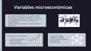 Las variables microeconómicas son:
- Producción de la empresa
- Deuda de la empresa
- Gasto de la empresa
- Cuantía de inversión personal
Variables microeconómicas
Una variable microeconómica es por lo general utilizada
como parte de una variable macroeconómica, es decir,
cuando se cuentan todas las características y observaciones
de una variable microeconómica, se da lugar a una
macroeconómica.
Además, representan cualidades de un agente económico
determinado.
- Consumo de un hogar
- Salario de un trabajador
- Preferencias de un consumidor
- Ahorro personal
- Aversión al riesgo
 